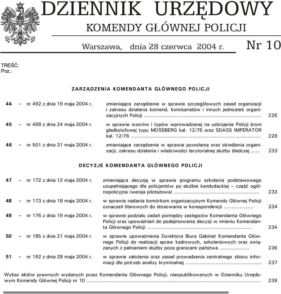 w sprawie wzorów i typów wprowadzanej na uzbrojenie Policji broni gładkolufowej typu MOSSBERG kal. 12/76 oraz SDASS IMPERATOR kal. 12/76... 228 46 nr 501 z dnia 31 maja 2004 r.