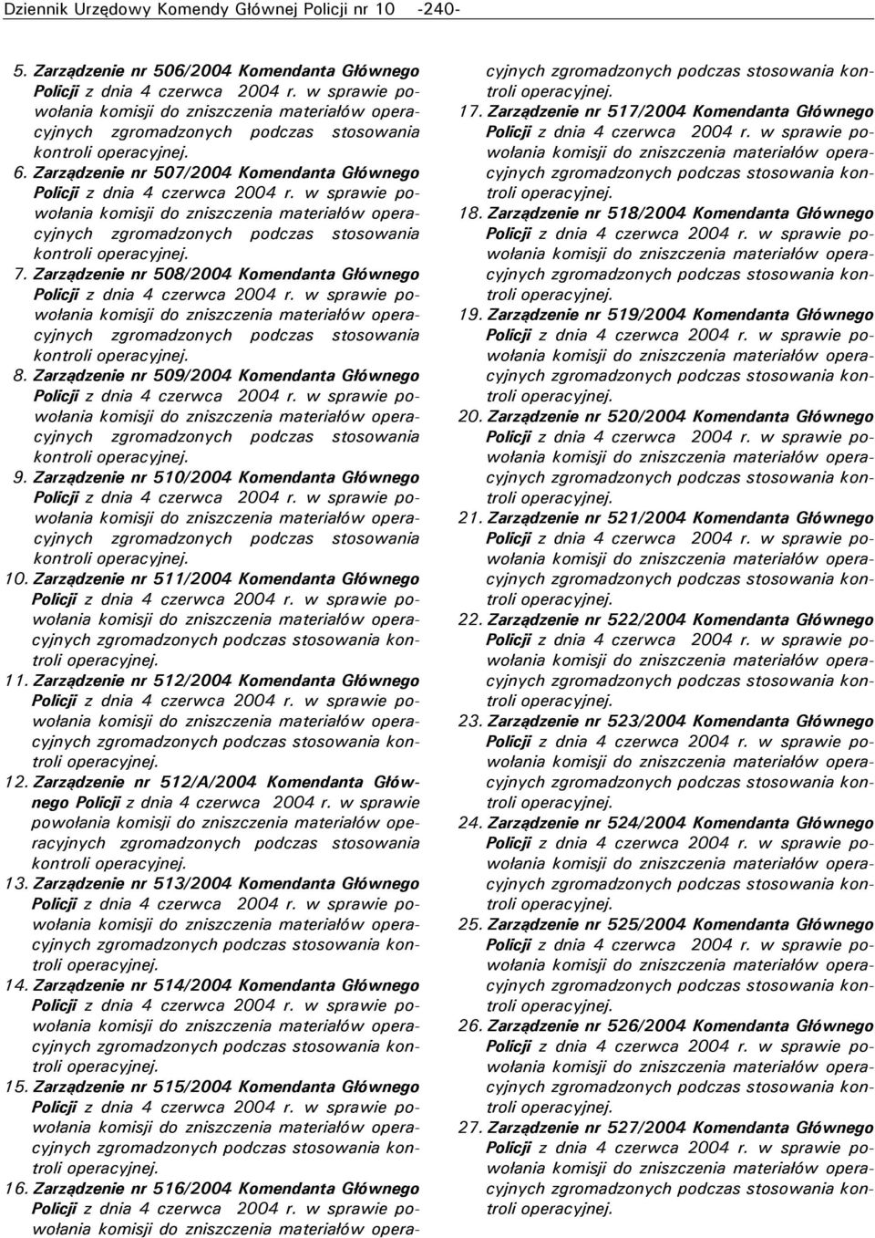 Zarządzenie nr 509/2004 Komendanta Głównego zgromadzonych podczas stosowania kontroli 9. Zarządzenie nr 510/2004 Komendanta Głównego zgromadzonych podczas stosowania kontroli 10.