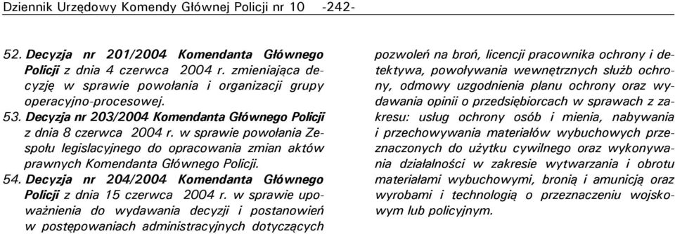 w sprawie powołania Zespołu legislacyjnego do opracowania zmian aktów prawnych Komendanta Głównego Policji. 54. Decyzja nr 204/2004 Komendanta Głównego Policji z dnia 15 czerwca 2004 r.