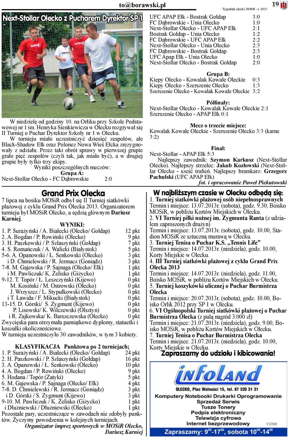 - UFC APAP Ełk 2:2 Next-Stollar Olecko - Unia Olecko 2:3 FC Dąbrowskie - Bostrak Gołdap 2:3 UFC Apap Ełk - Unia Olecko 1:0 Next-Stollar Olecko - Bostrak Gołdap 2:0 19 Grupa B: Kiepy Olecko - Kowalak