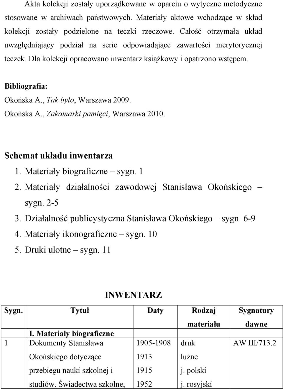 , Tak było, Warszawa 2009. Okońska A., Zakamarki pamięci, Warszawa 2010. Schemat układu inwentarza 1. Materiały biograficzne sygn. 1 2. Materiały działalności zawodowej Stanisława Okońskiego sygn.