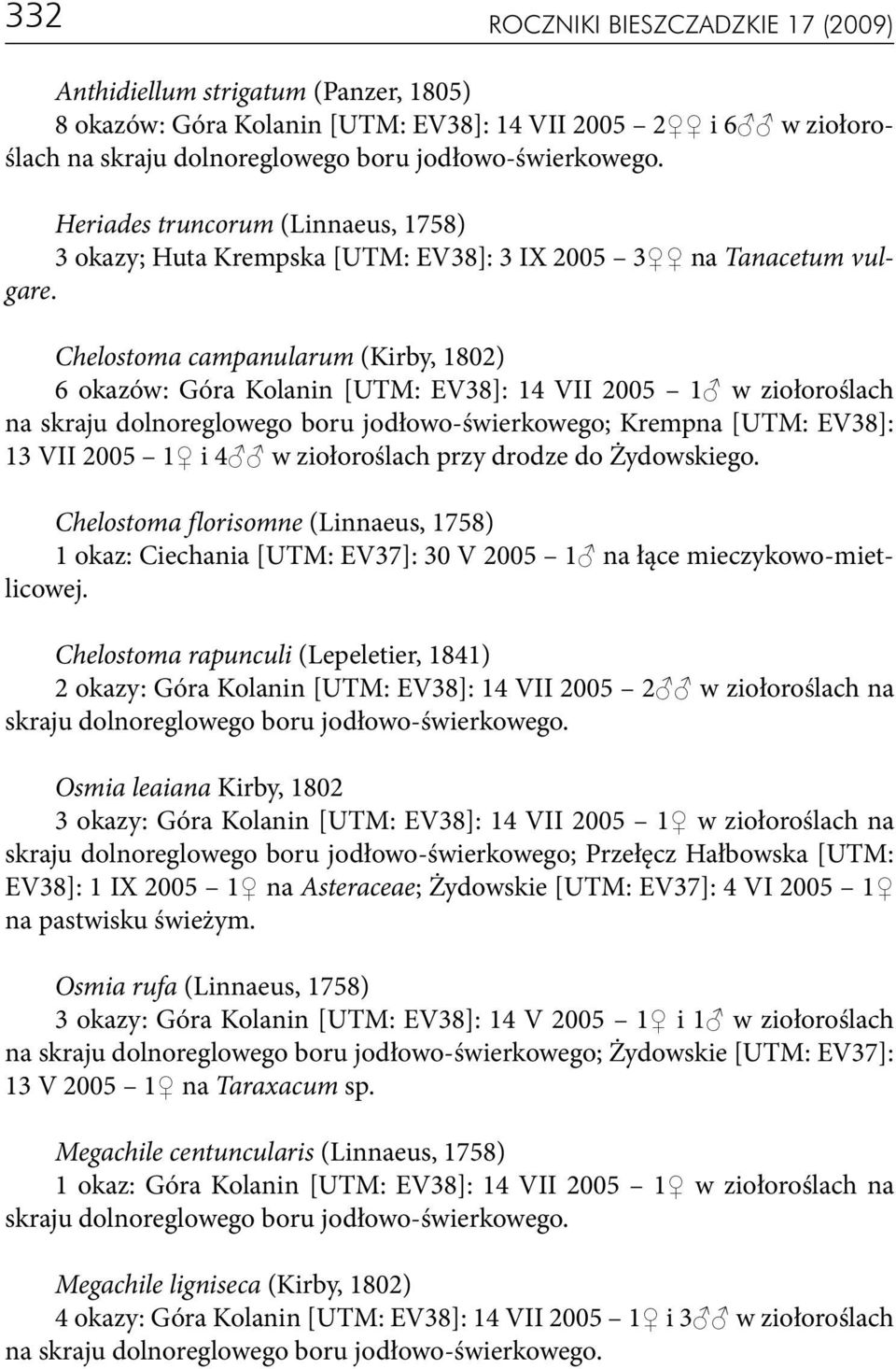 Chelostoma campanularum (Kirby, 1802) 6 okazów: Góra Kolanin [UTM: EV38]: 14 VII 2005 1 w ziołoroślach na skraju dolnoreglowego boru jodłowo-świerkowego; Krempna [UTM: EV38]: 13 VII 2005 1 i 4 w