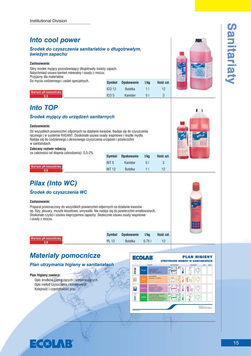 ICO 12 Butelka 1 l 12 0,5 ICO 5 Kanister 5 l 3 Sanitariaty Into TOP Środek myjący do urządzeń sanitarnych Do wszystkich powierzchni odpornych na działanie kwasów.