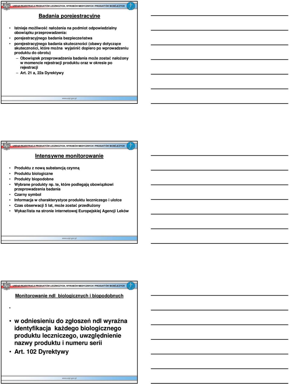 oraz w okresie po rejestracji Art. 21 a, 22a Dyrektywy Intensywne monitorowanie Produktu z nową substancją czynną Produktu biologiczne Produkty biopodobne Wybrane produkty np.