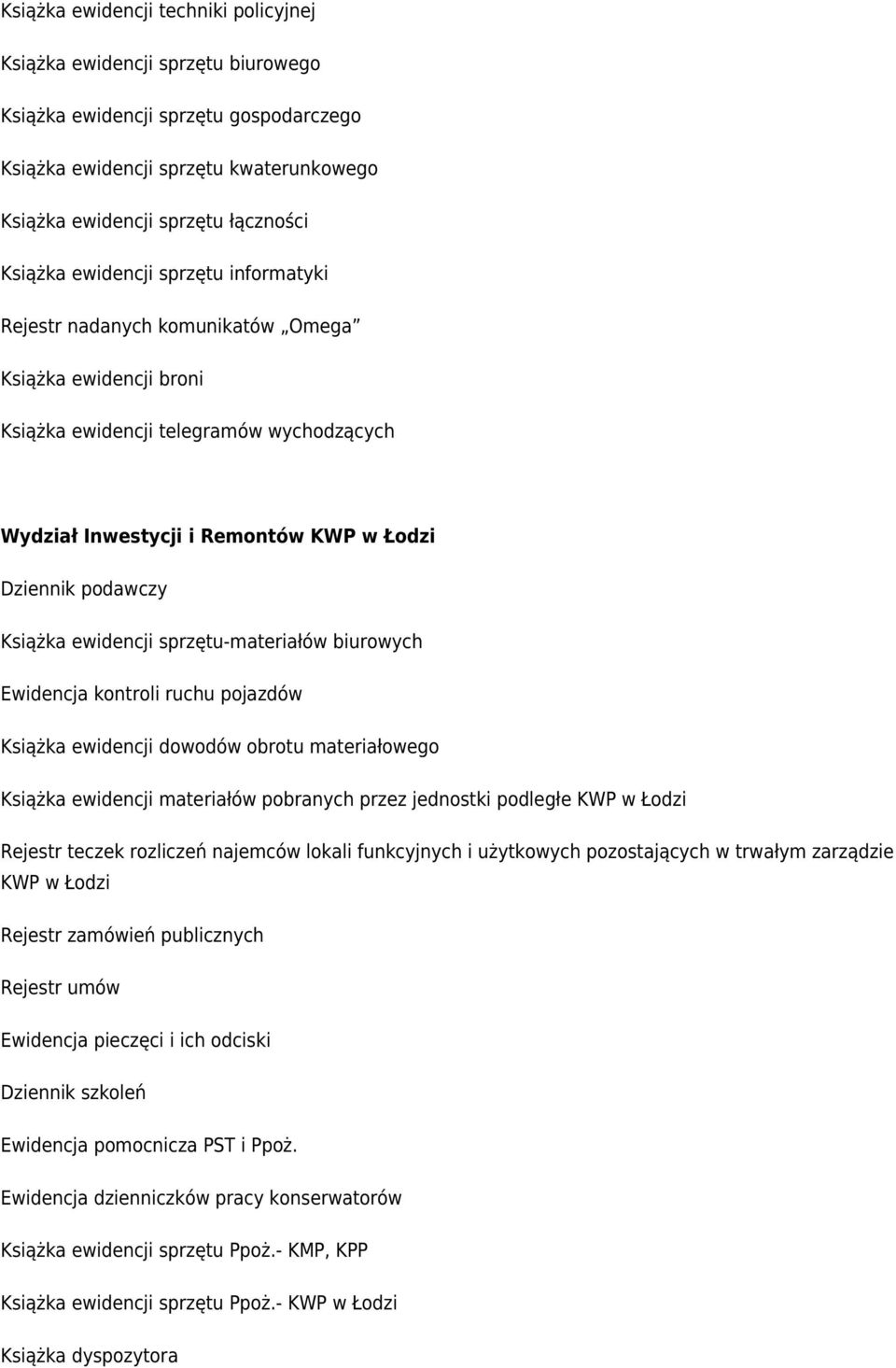 sprzętu-materiałów biurowych Ewidencja kontroli ruchu pojazdów Książka ewidencji dowodów obrotu materiałowego Książka ewidencji materiałów pobranych przez jednostki podległe KWP w Łodzi Rejestr