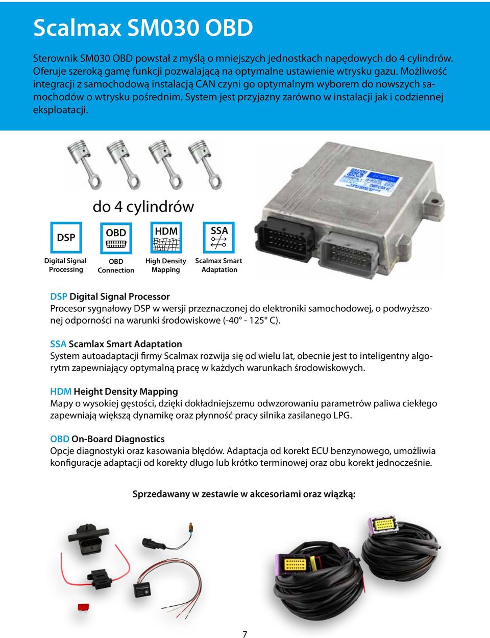 do 4 cylindrów DSP OBD HDM SSA Processing OBD Connection High Density Mapping Scalmax Smart Adaptation DSP Processor Procesor sygnałowy DSP w wersji przeznaczonej do elektroniki samochodowej, o