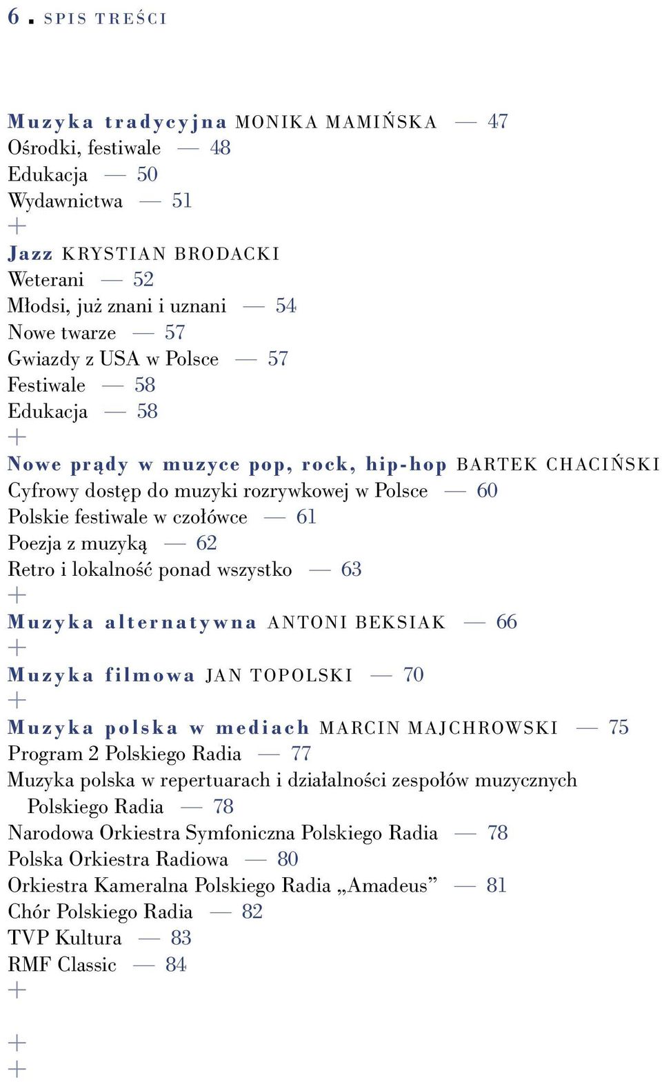 lokalnoêç ponad wszystko 63 Muzyka alternatywna ANTONI BEKSIAK 66 Muzyka filmowa JAN TOPOLSKI 70 Muzyka polska w mediach MARCIN MAJCHROWSKI 75 Program 2 Polskiego Radia 77 Muzyka polska w