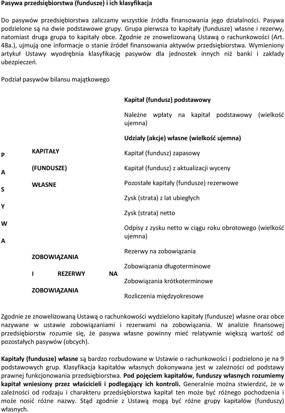 ), ujmują one informacje o stanie źródeł finansowania aktywów przedsiębiorstwa. Wymieniony artykuł Ustawy wyodrębnia klasyfikację pasywów dla jednostek innych niż banki i zakłady ubezpieczeń.