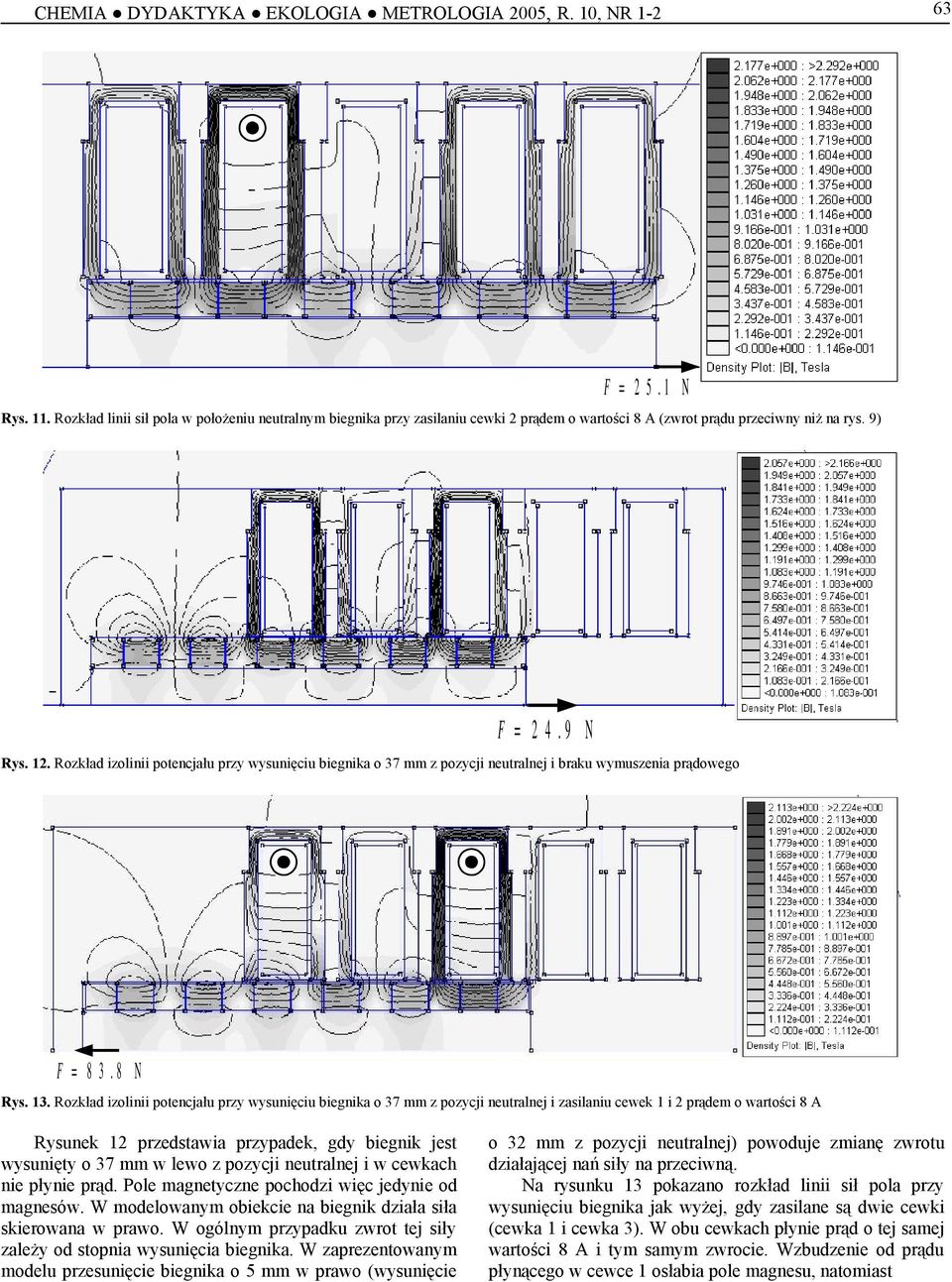 Rozkład izolinii potencjału przy wysunięciu biegnika o 37 mm z pozycji neutralnej i zasilaniu cewek 1 i 2 prądem o wartości 8 A Rysunek 12 przedstawia przypadek, gdy biegnik jest wysunięty o 37 mm w