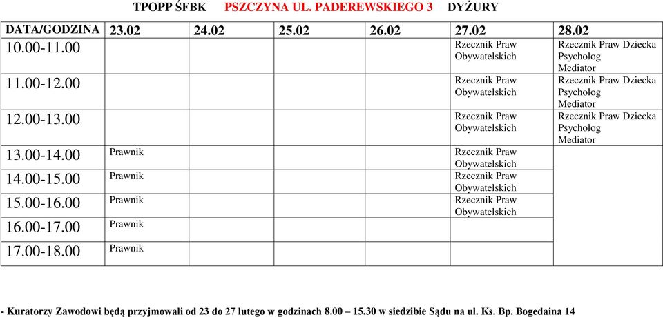 00-16.00 Rzecznik Praw 16.00-17.00 17.00-18.