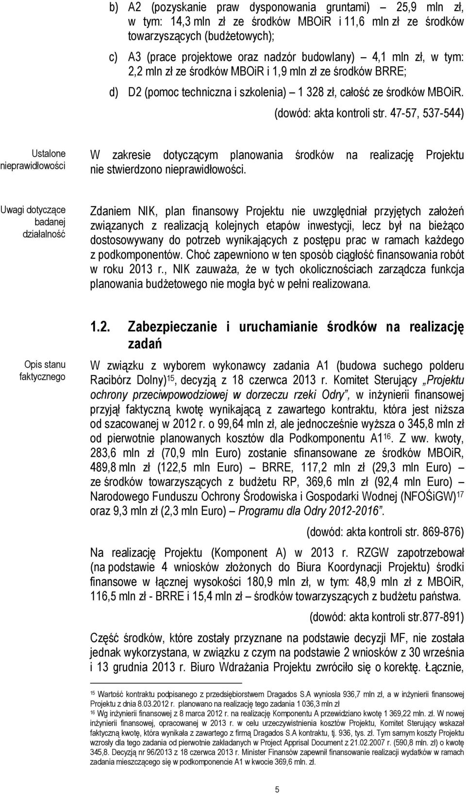 47-57, 537-544) Ustalone nieprawidłowości W zakresie dotyczącym planowania środków na realizację Projektu nie stwierdzono nieprawidłowości.