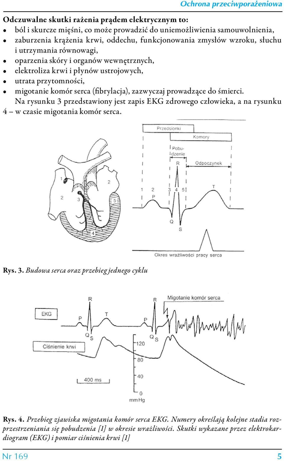 śmierci. Na rysunku 3 przedstawiony jest zapis EKG zdrowego człowieka, a na rysunku 4 w czasie migotania komór serca. Rys. 3. Budowa serca oraz przebieg jednego cyklu Rys. 4. Przebieg zjawiska migotania komór serca EKG.