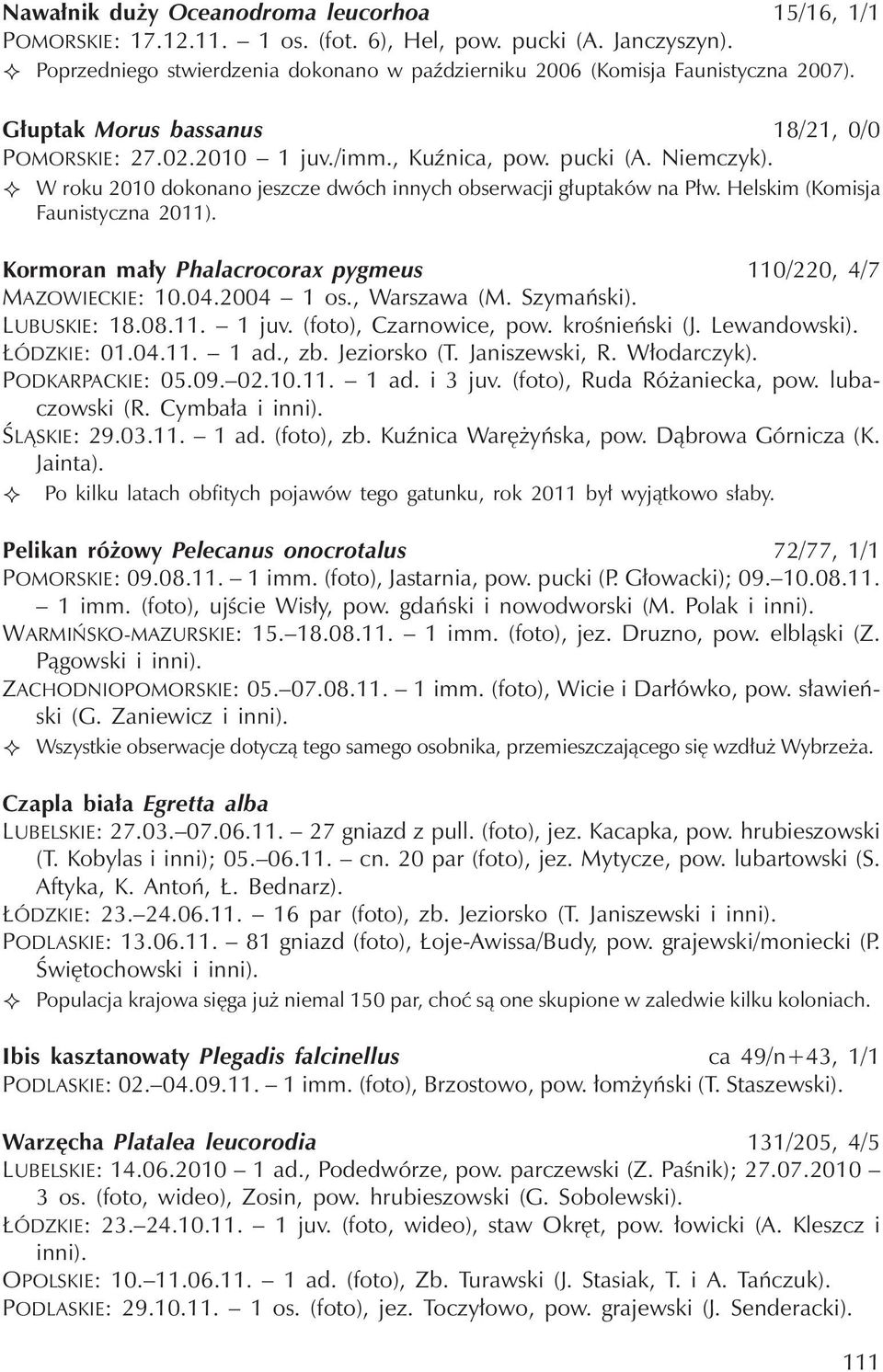 Helskim(Komisja Faunistyczna 2011). Kormoran mały Phalacrocorax pygmeus 110/220, 4/7 MAZOWIECKIE: 10.04.2004 1 os., Warszawa (M. Szymański). LUBUSKIE: 18.08.11. 1juv.(foto), Czarnowice, pow.