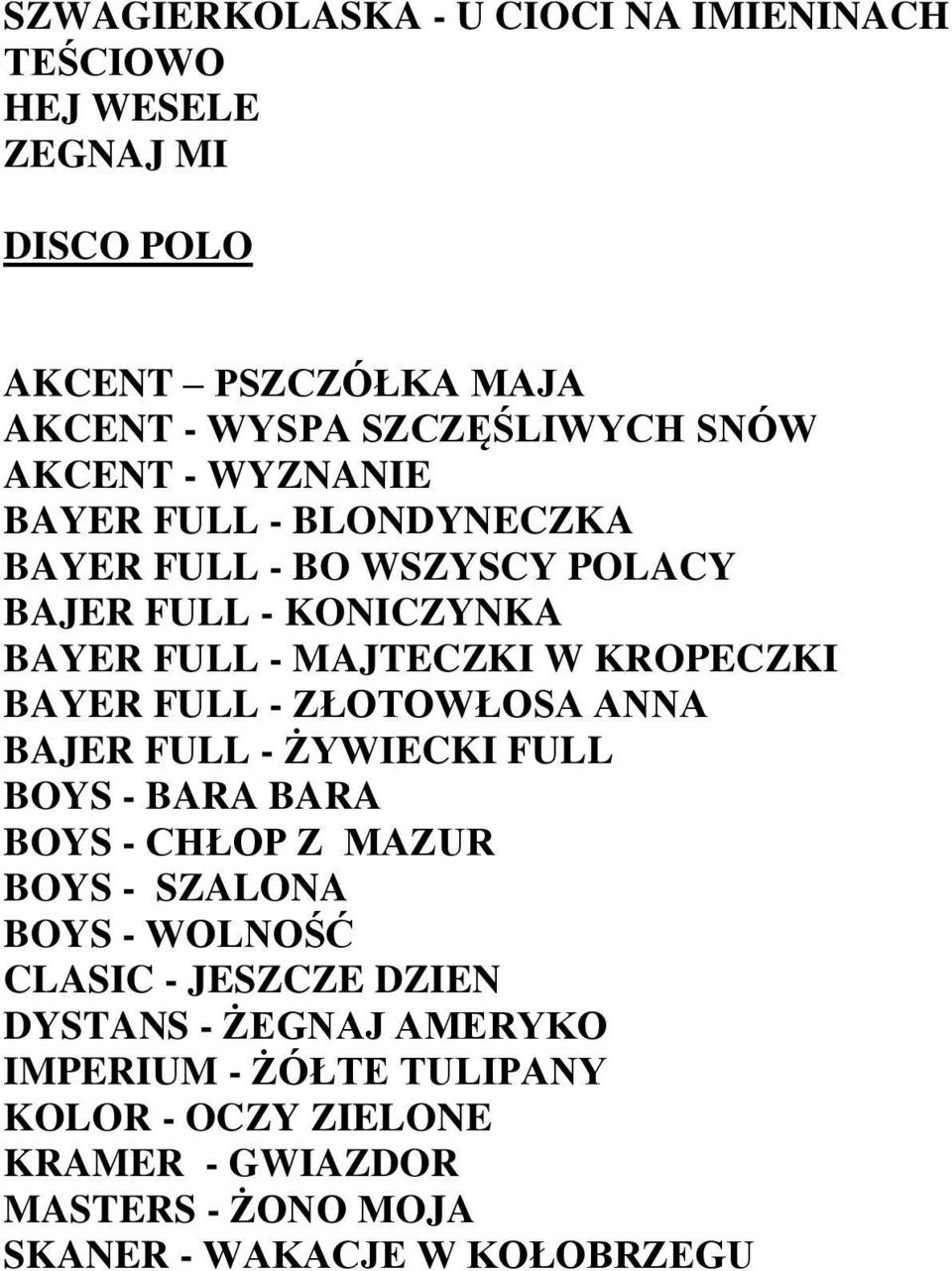 BAYER FULL - ZŁOTOWŁOSA ANNA BAJER FULL - ŻYWIECKI FULL BOYS - BARA BARA BOYS - CHŁOP Z MAZUR BOYS - SZALONA BOYS - WOLNOŚĆ CLASIC -