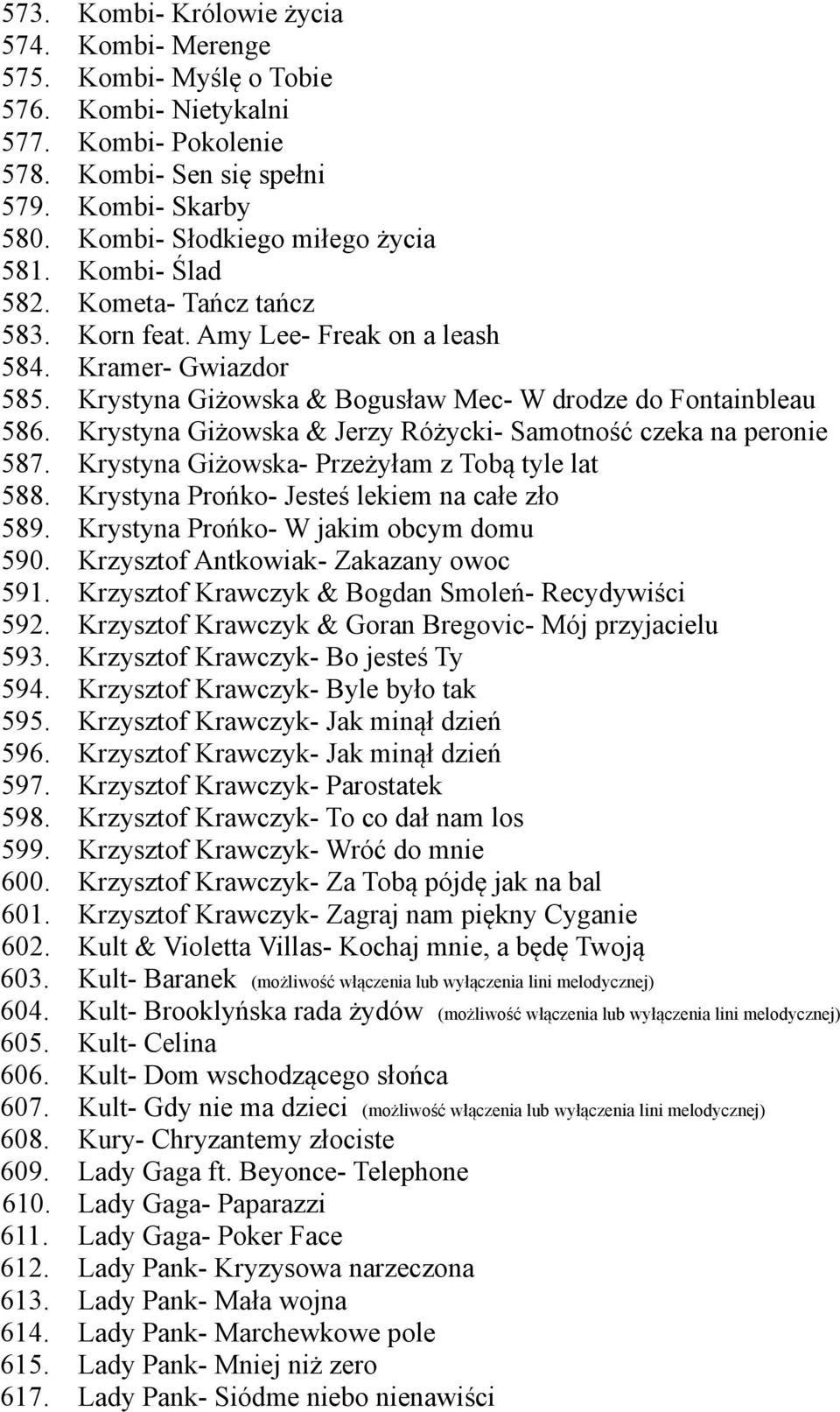 Kombi- Królowie życia Kombi- Merenge Kombi- Myślę o Tobie Kombi- Nietykalni Kombi- Pokolenie Kombi- Sen się spełni Kombi- Skarby Kombi- Słodkiego miłego życia Kombi- Ślad Kometa- Tańcz tańcz Korn