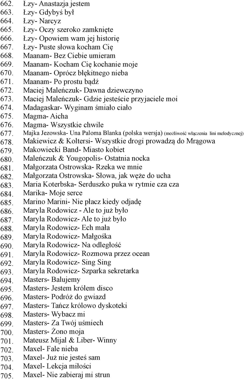 Łzy- Anastazja jestem Łzy- Gdybyś był Łzy- Narcyz Łzy- Oczy szeroko zamknięte Łzy- Opowiem wam jej historię Łzy- Puste słowa kocham Cię Maanam- Bez Ciebie umieram Maanam- Kocham Cię kochanie moje