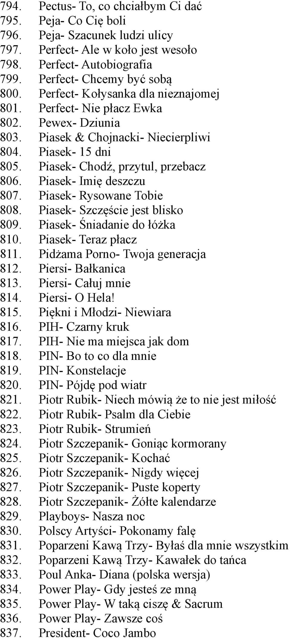 Pectus- To, co chciałbym Ci dać Peja- Co Cię boli Peja- Szacunek ludzi ulicy Perfect- Ale w koło jest wesoło Perfect- Autobiografia Perfect- Chcemy być sobą Perfect- Kołysanka dla nieznajomej