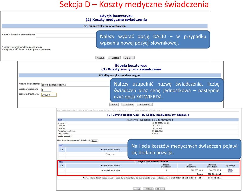 Należy uzupełnić nazwę świadczenia, liczbę świadczeń oraz cenę