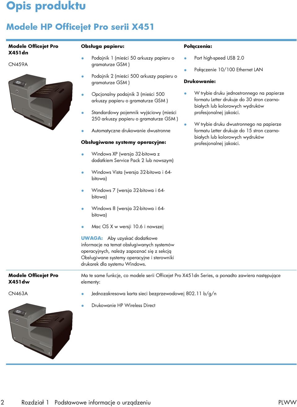 0 Połączenie 10/100 Ethernet LAN Drukowanie: Opcjonalny podajnik 3 (mieści 500 arkuszy papieru o gramaturze GSM ) Standardowy pojemnik wyjściowy (mieści 250 arkuszy papieru o gramaturze GSM )