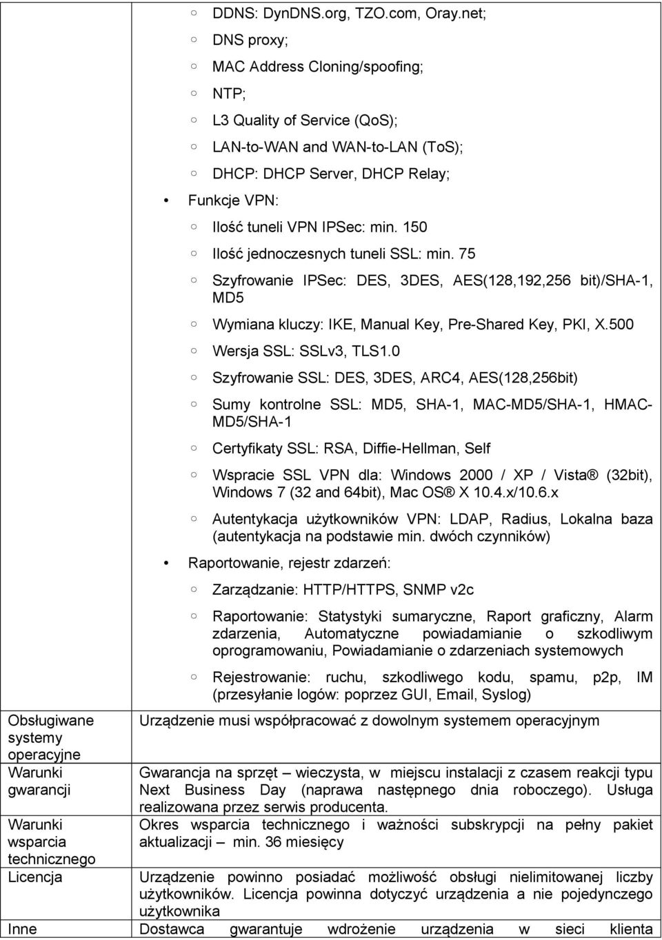 150 Ilość jednoczesnych tuneli SSL: min. 75 Szyfrowanie IPSec: DES, 3DES, AES(128,192,256 bit)/sha-1, MD5 Wymiana kluczy: IKE, Manual Key, Pre-Shared Key, PKI, X.500 Wersja SSL: SSLv3, TLS1.