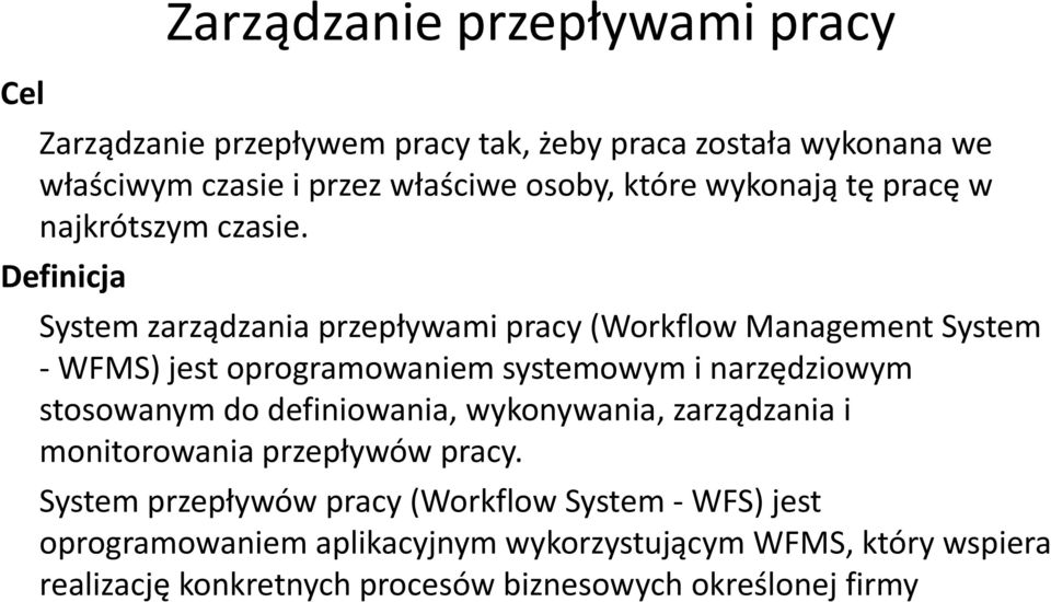 Definicja System zarządzania przepływami pracy (Workflow Management System WFMS) jest oprogramowaniem systemowym i narzędziowym stosowanym do