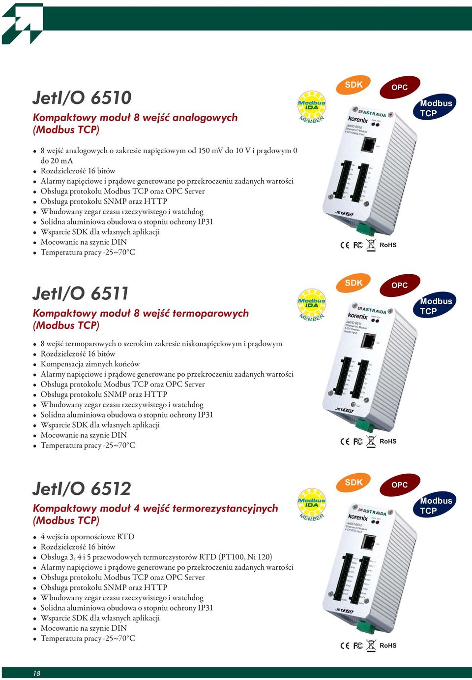 aluminiowa obudowa o stopniu ochrony IP31 Wsparcie SDK dla własnych aplikacji Mocowanie na szynie DIN Temperatura pracy -25~70 C JetI/O 6511 Kompaktowy moduł 8 wejść termoparowych (Modbus TCP) SDK