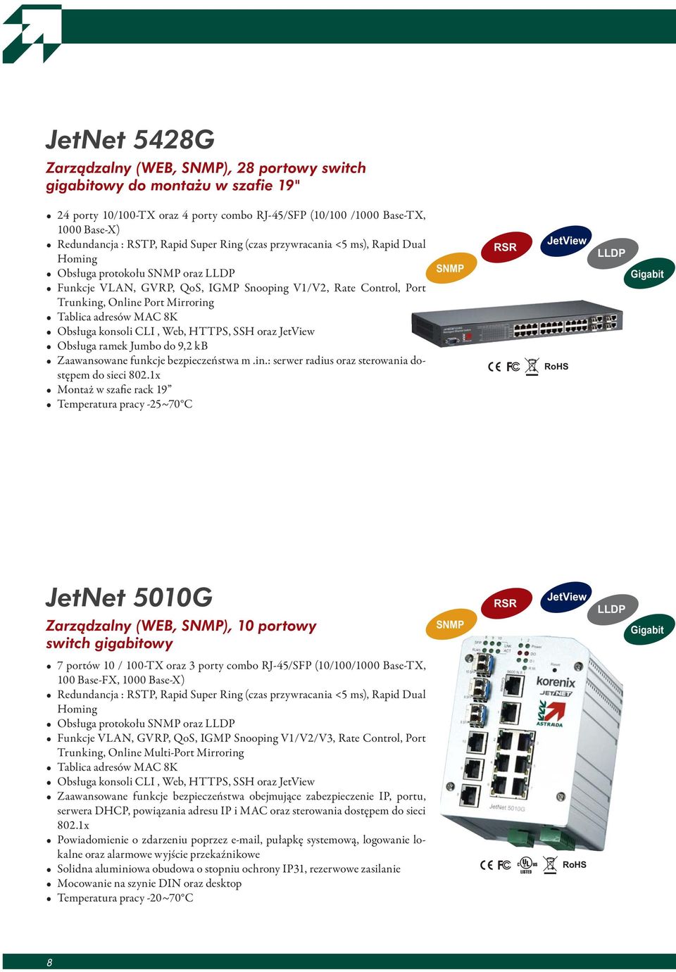 adresów MAC 8K Obsługa konsoli CLI, Web, HTTPS, SSH oraz JetView Obsługa ramek Jumbo do 9,2 kb Zaawansowane funkcje bezpieczeństwa m.in.: serwer radius oraz sterowania dostępem do sieci 802.
