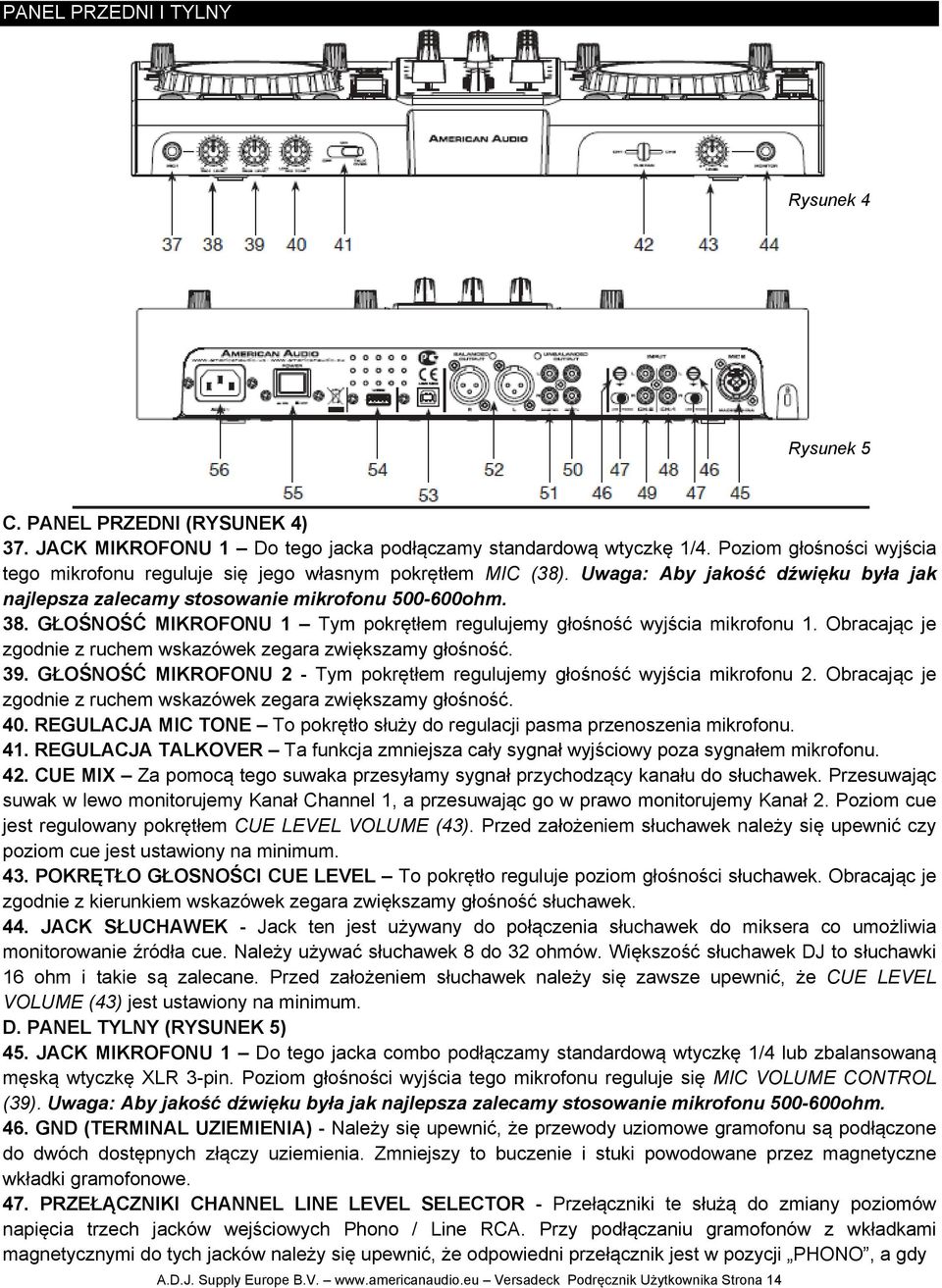 GŁOŚNOŚĆ MIKROFONU 1 Tym pokrętłem regulujemy głośność wyjścia mikrofonu 1. Obracając je zgodnie z ruchem wskazówek zegara zwiększamy głośność. 39.