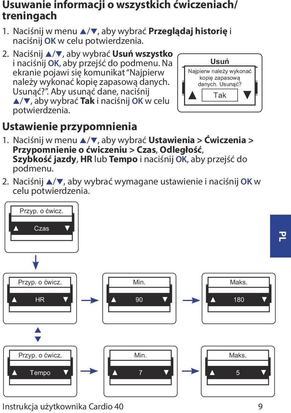 . Aby usunąć dane, naciśnij p/q, aby wybrać Tak i naciśnij OK w celu potwierdzenia. Usuń Najpierw należy wykonać kopię zapasową danych. Usunąć? Ustawienie przypomnienia 1.