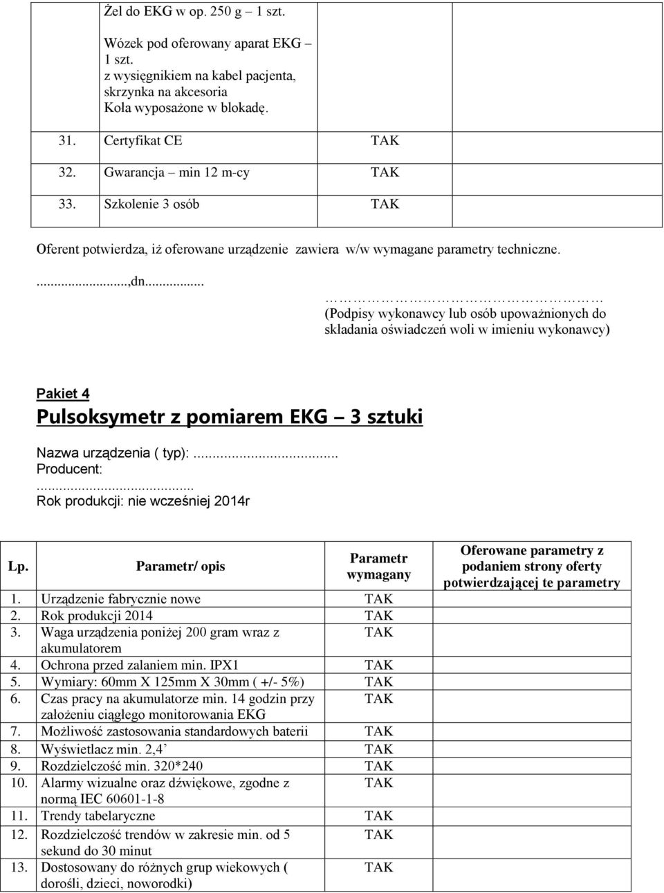 .. (Podpisy wykonawcy lub osób upoważnionych do składania oświadczeń woli w imieniu wykonawcy) Pakiet 4 Pulsoksymetr z pomiarem EKG 3 sztuki Nazwa urządzenia ( typ):.