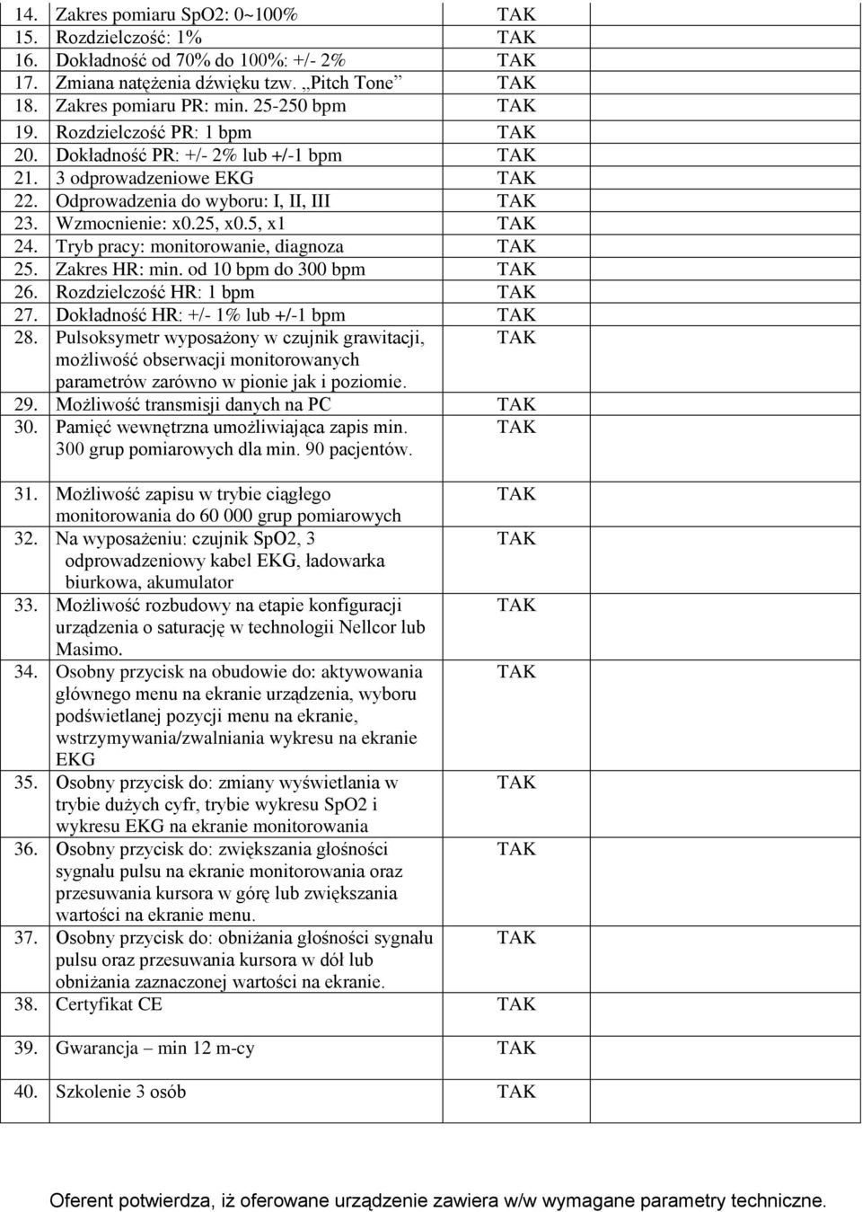 Tryb pracy: monitorowanie, diagnoza 25. Zakres HR: min. od 10 bpm do 300 bpm 26. Rozdzielczość HR: 1 bpm 27. Dokładność HR: +/- 1% lub +/-1 bpm 28.