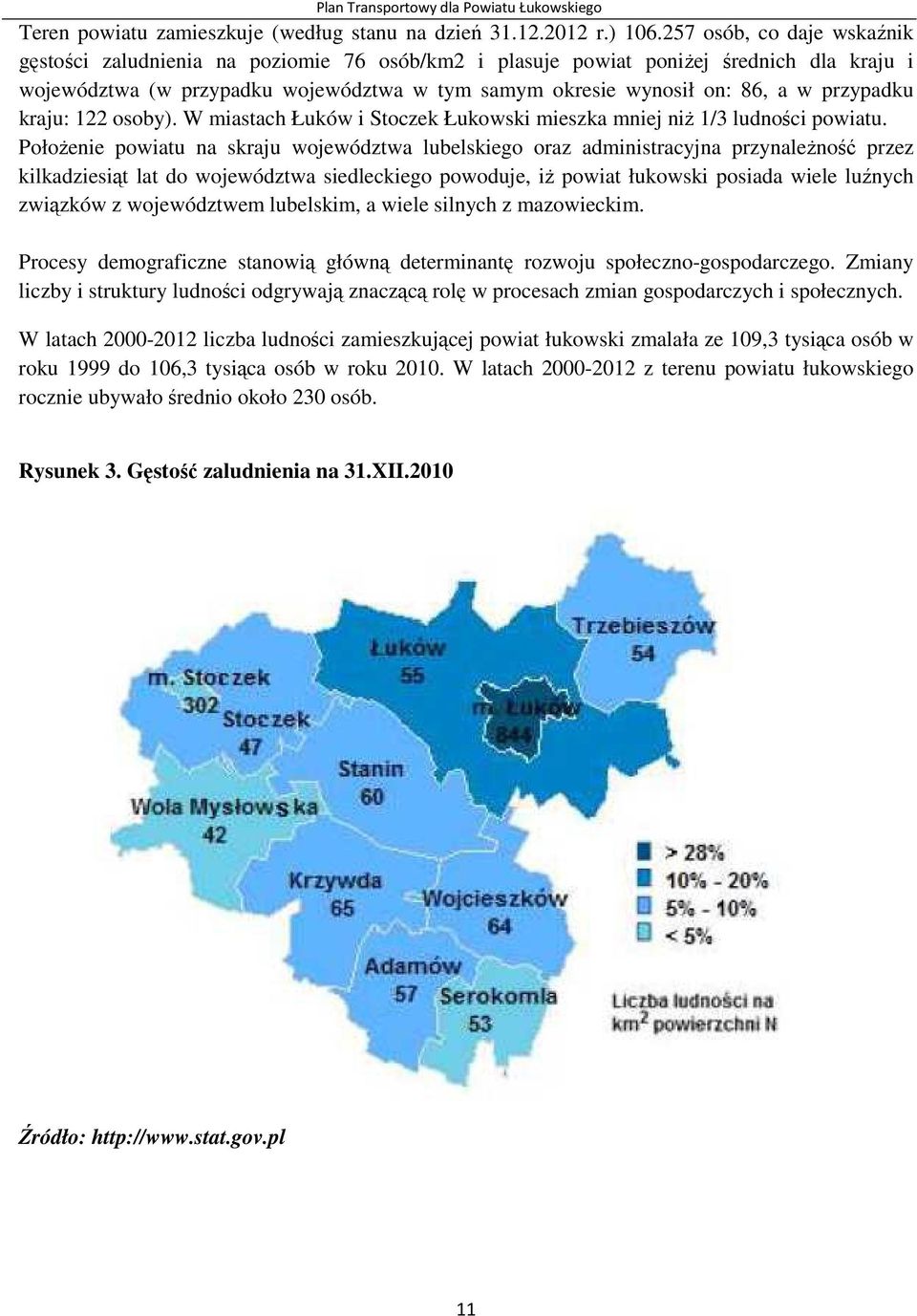 przypadku kraju: 122 osoby). W miastach i Stoczek Łukowski mieszka mniej niż 1/3 ludności powiatu.