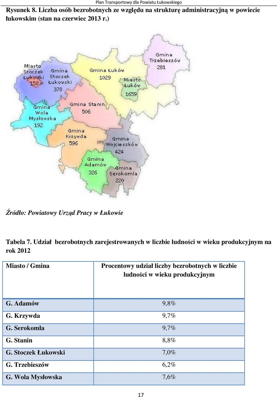 Udział bezrobotnych zarejestrowanych w liczbie ludności w wieku produkcyjnym na rok 2012 Miasto / Gmina Procentowy udział