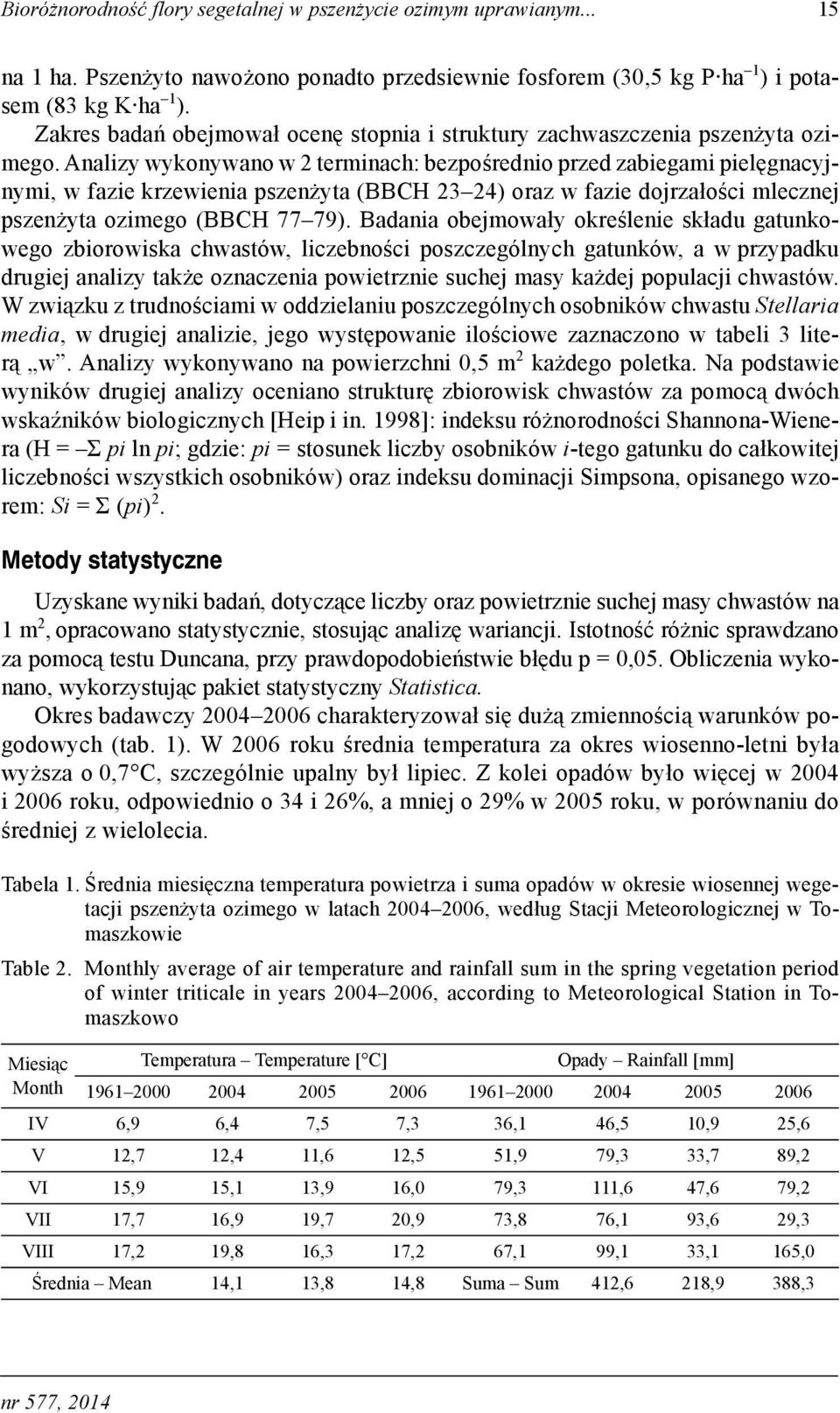 Analizy wykonywano w 2 terminach: bezpośrednio przed zabiegami pielęgnacyjnymi, w fazie krzewienia pszenżyta (BBCH 23 24) oraz w fazie dojrzałości mlecznej pszenżyta ozimego (BBCH 77 79).