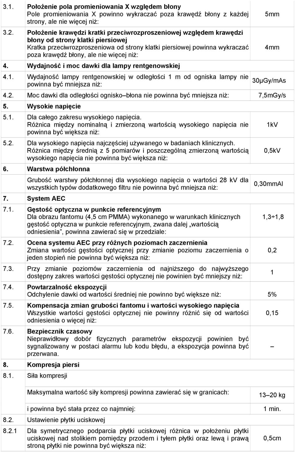 nie więcej niż: 4. Wydajność i moc dawki dla lampy rentgenowskiej 4.1. Wydajność lampy rentgenowskiej w odległości 1 m od ogniska lampy nie powinna być mniejsza niż: 5mm 4mm 30µGy/mAs 4.2.