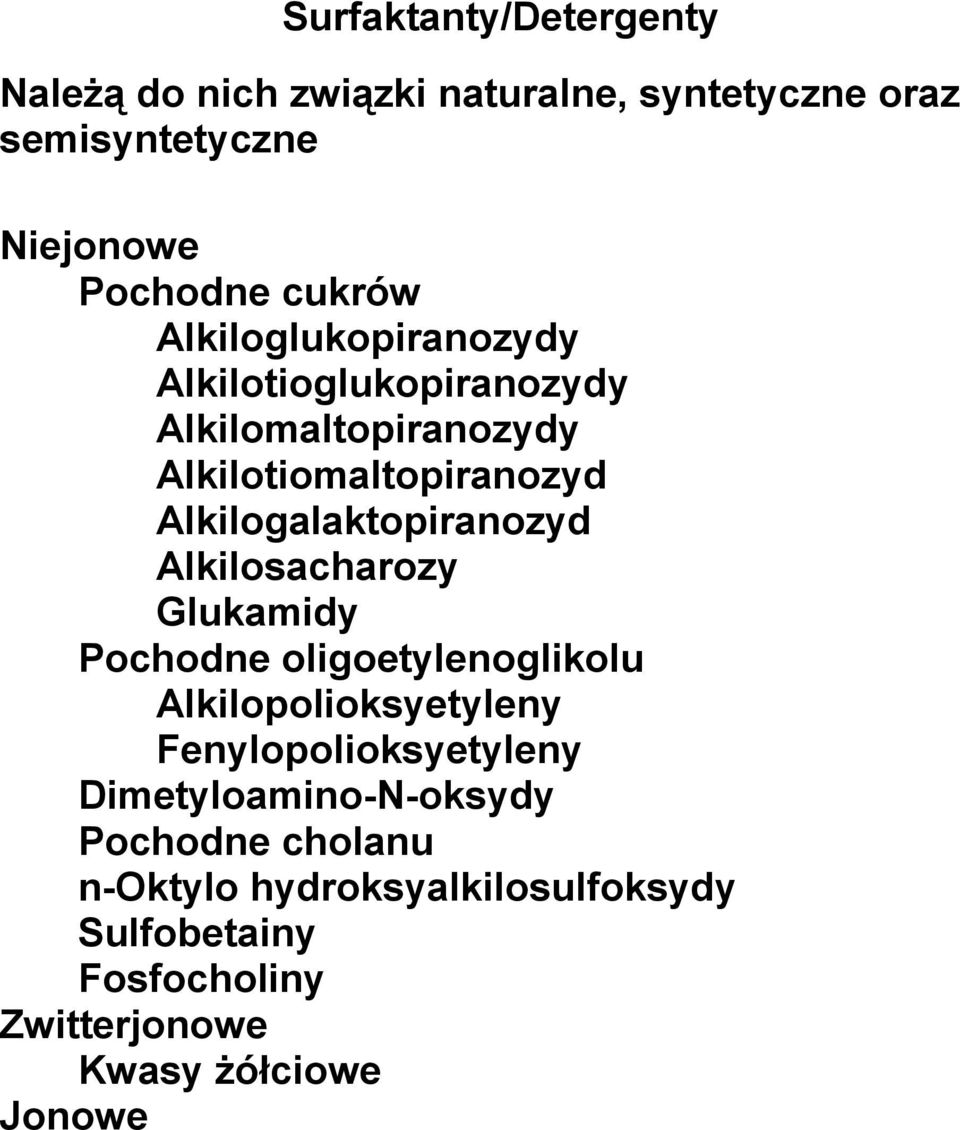 Alkilosacharozy Glukamidy Pochodne oligoetylenoglikolu Alkilopolioksyetyleny Fenylopolioksyetyleny