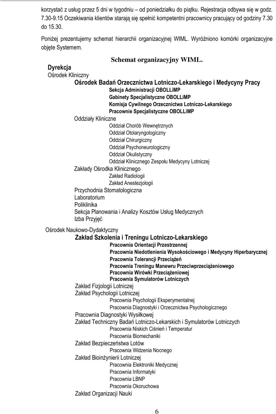 Dyrekcja Ośrodek Kliniczny Ośrodek Badań Orzecznictwa Lotniczo-Lekarskiego i Medycyny Pracy Sekcja Administracji OBOLLiMP Gabinety Specjalistyczne OBOLLiMP Komisja Cywilnego Orzecznictwa