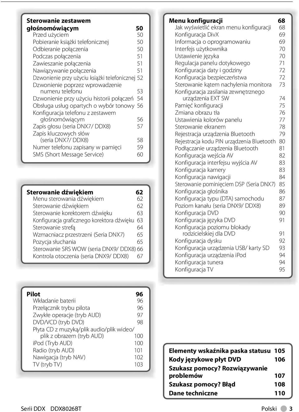 zestawem głośnomówiącym 56 Zapis głosu (seria DNX7/ DDX8) 57 Zapis kluczowych słów (seria DNX7/ DDX8) 58 Numer telefonu zapisany w pamięci 59 SMS (Short Message Service) 60 Sterowanie dźwiękiem 62