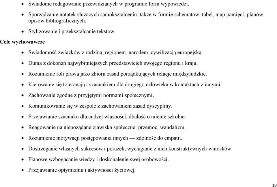 Duma z dokonań najwybitniejszych przedstawicieli swojego regionu i kraju. Rozumienie roli prawa jako zbioru zasad porządkujących relacje międzyludzkie.