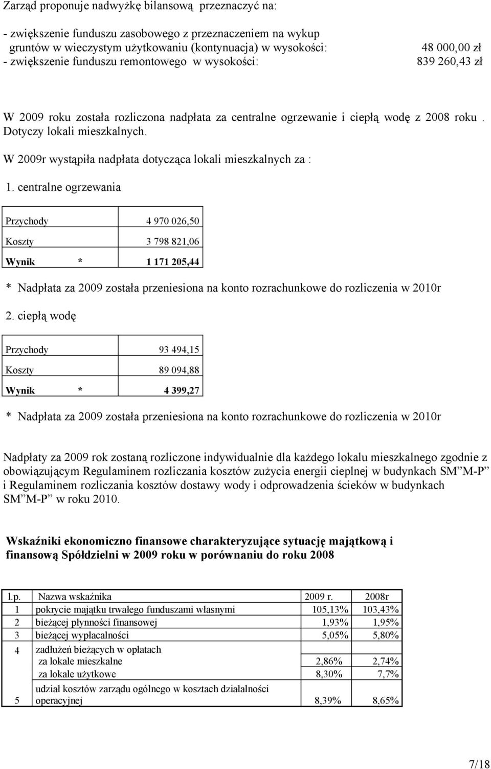 W 2009r wystąpiła nadpłata dotycząca lokali mieszkalnych za : 1.