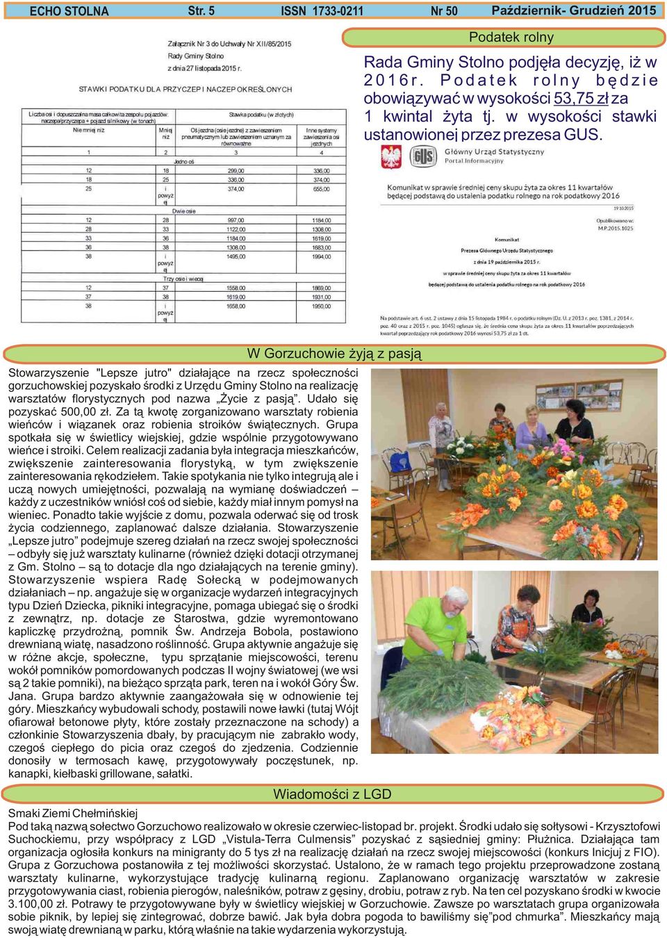 W Gorzuchowie yj¹ z pasj¹ Stowarzyszenie "Lepsze jutro" dzia³aj¹ce na rzecz spo³ecznoœci gorzuchowskiej pozyska³o œrodki z Urzêdu Gminy Stolno na realizacjê warsztatów florystycznych pod nazwa ycie z
