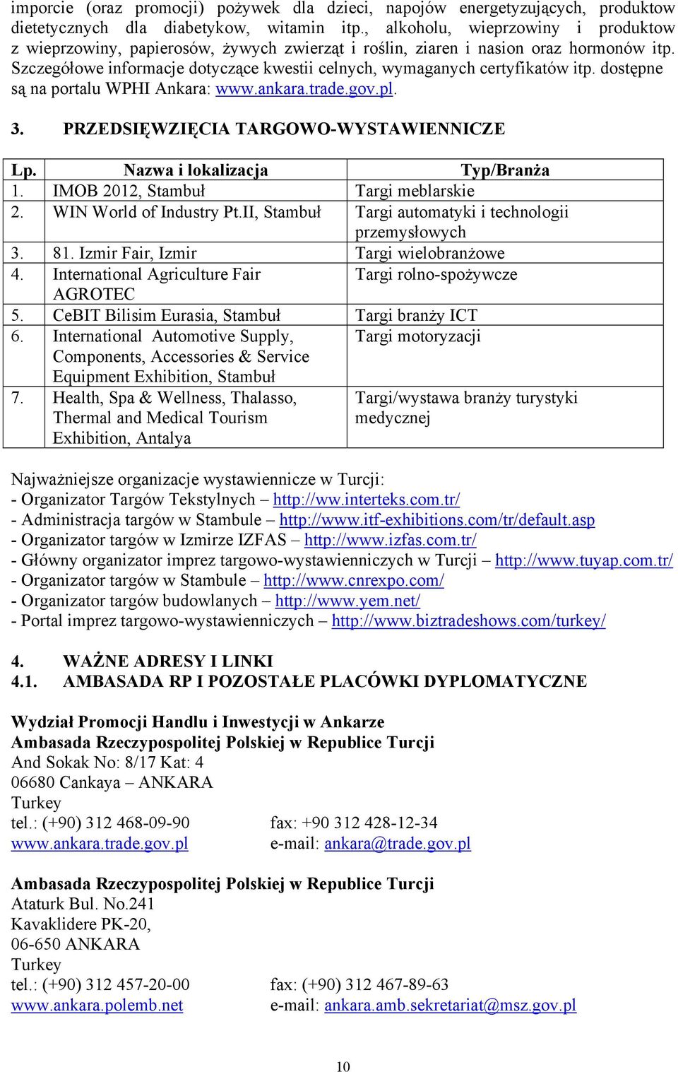 Szczegółowe informacje dotyczące kwestii celnych, wymaganych certyfikatów itp. dostępne są na portalu WPHI Ankara: www.ankara.trade.gov.pl. 3. PRZEDSIĘWZIĘCIA TARGOWO-WYSTAWIENNICZE Lp.