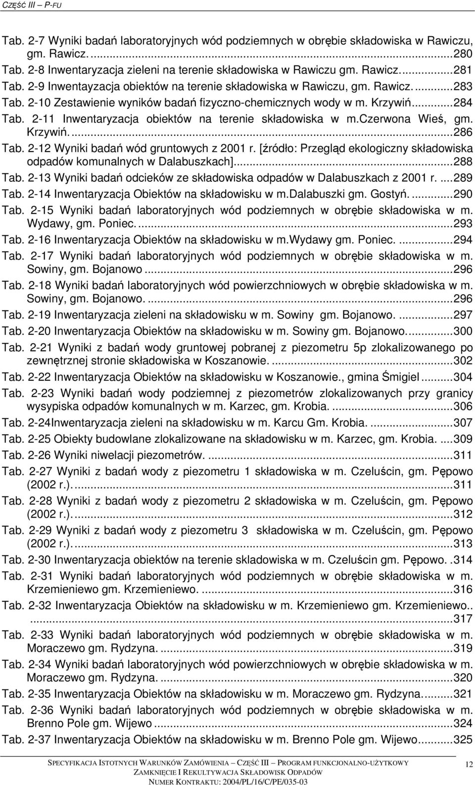 2-11 Inwentaryzacja obiektów na terenie składowiska w m.czerwona Wieś, gm. Krzywiń...286 Tab. 2-12 Wyniki badań wód gruntowych z 2001 r.