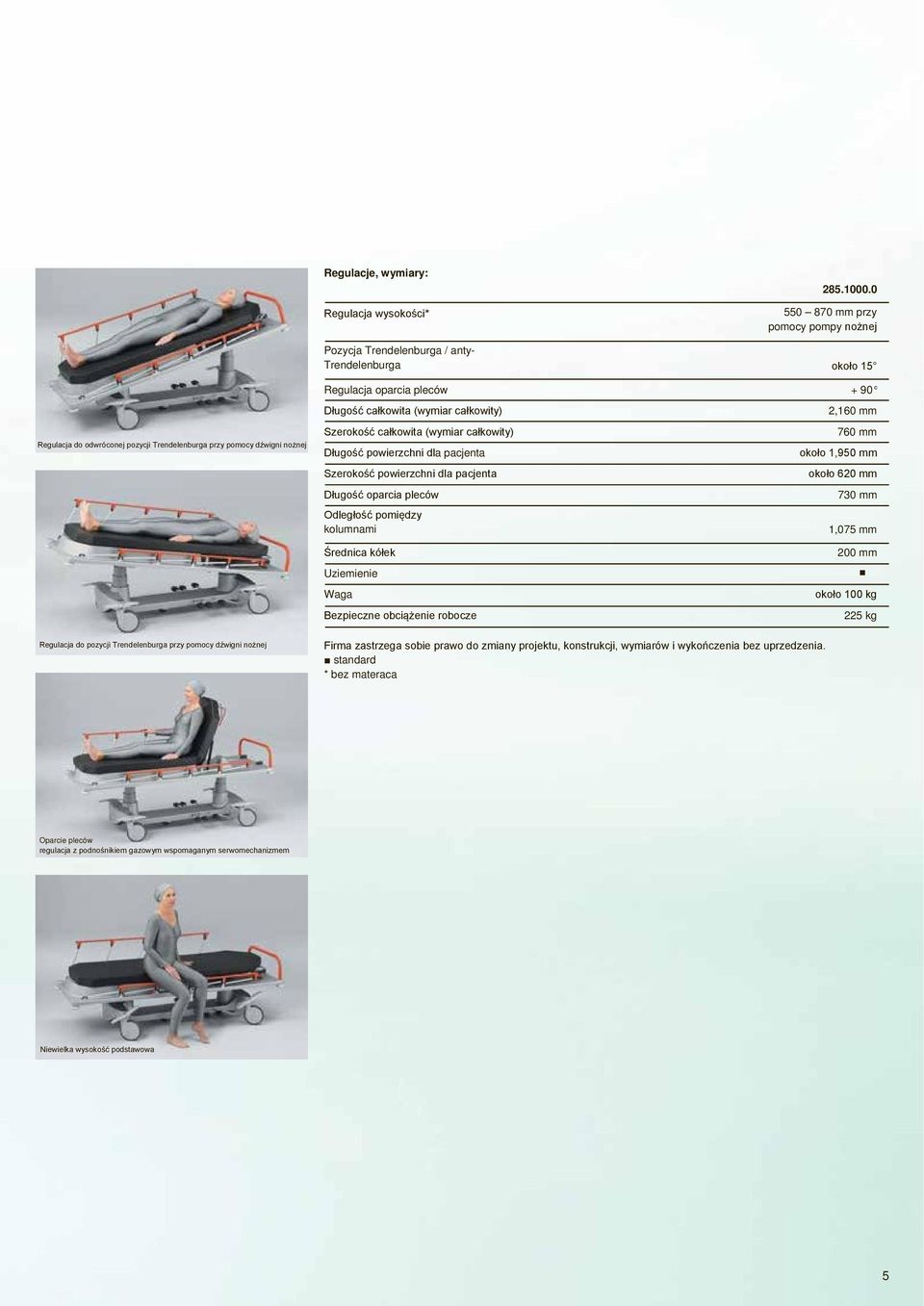 Długość całkowita (wymiar całkowity) Szerokość całkowita (wymiar całkowity) Długość powierzchni dla pacjenta Szerokość powierzchni dla pacjenta Długość oparcia pleców Odległość pomiędzy kolumnami