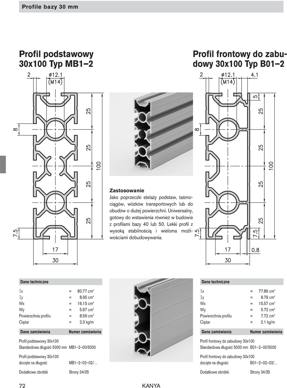 15 cm 3 Wy = 5.97 cm 3 Powierzchnia profilu = 8.59 cm 2 Ciężar = 2.3 kg/m Profil podstawowy 30x100 Standardowa długość 5000 mm MB1 2 00/5000 bestehend A6081.tif Ix = 77.86 cm 4 Iy = 8.79 cm 4 Wx = 15.