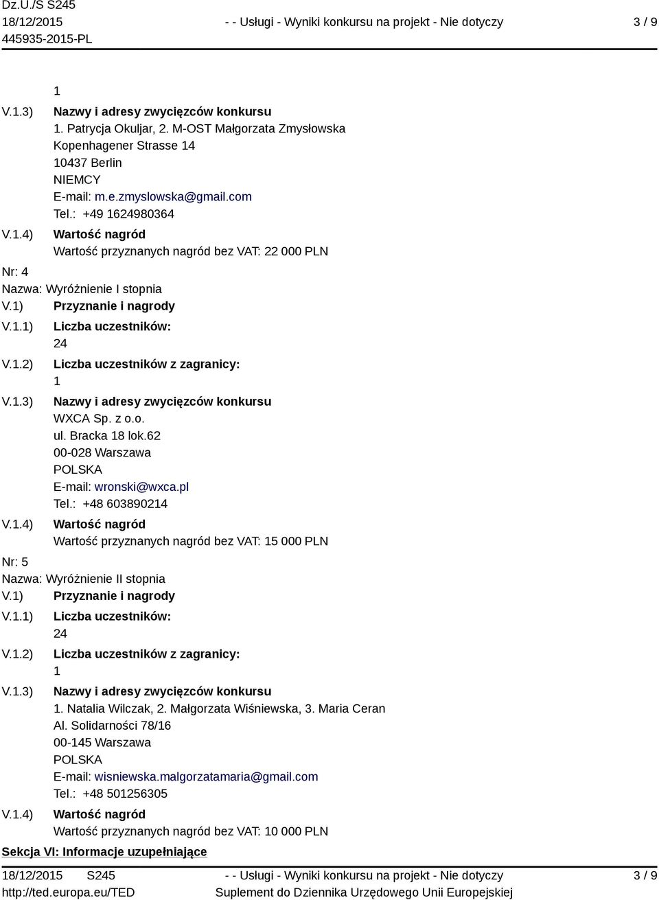 62 00-028 Warszawa E-mail: wronski@wxca.pl Tel.: +48 60389024 Wartość przyznanych nagród bez VAT: 5 000 PLN Nr: 5 Nazwa: Wyróżnienie II stopnia. Natalia Wilczak, 2.