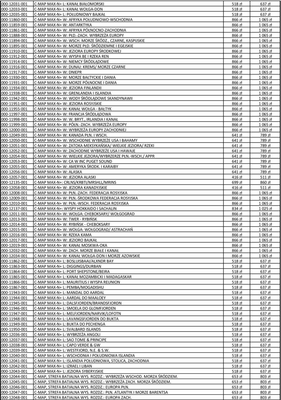 000-11888-001 C-MAP MAX-N+ W: PŁD.-ZACH. WYBRZEŻA EUROPY 866 zł 1 065 zł 000-11894-001 C-MAP MAX-N+ W: WSCH. MORZE ŚRÓDZ., CZARNE, KASPIJSKIE 866 zł 1 065 zł 000-11895-001 C-MAP MAX-N+ W: MORZE PŁD.