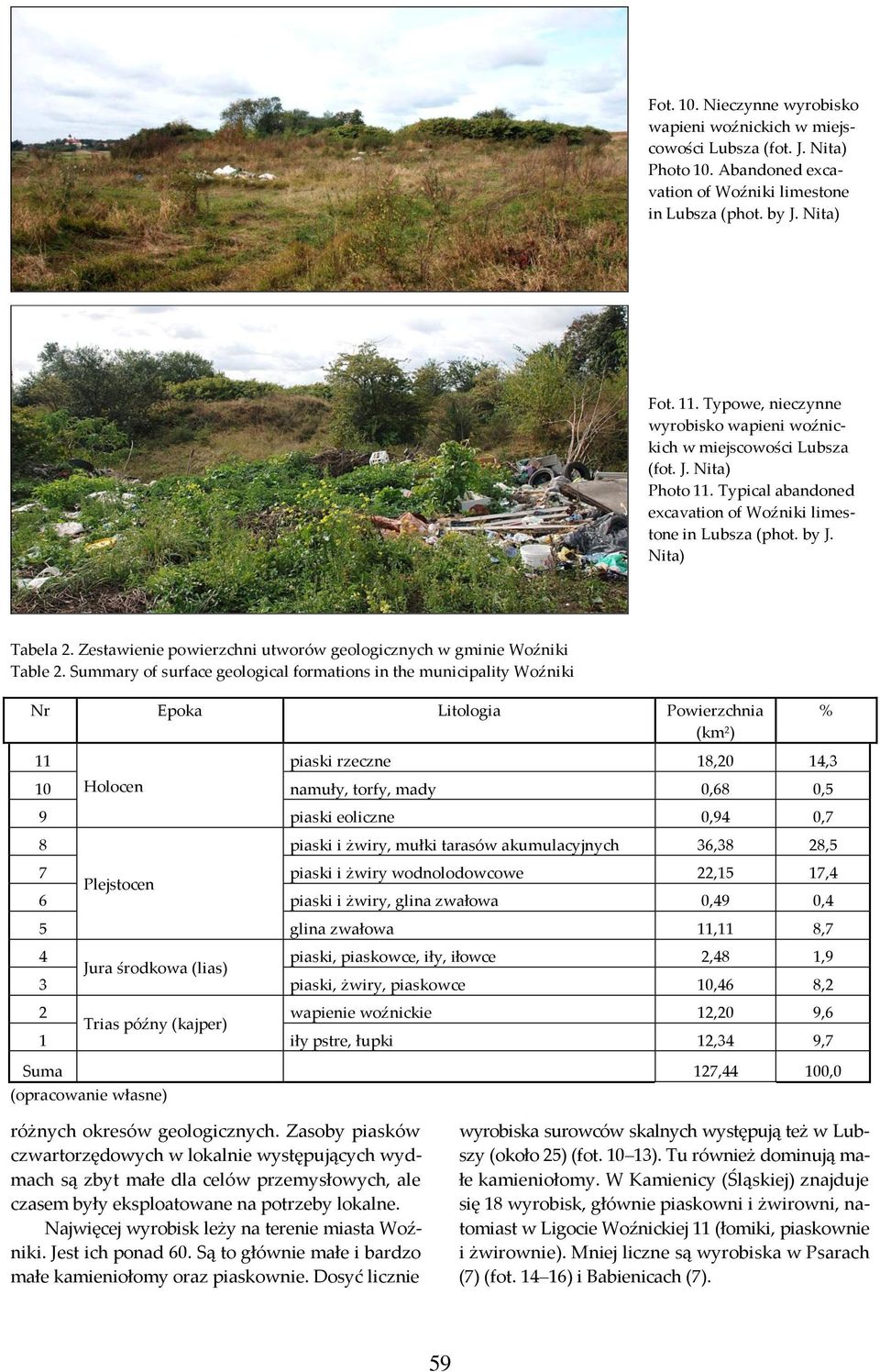 Zestawienie powierzchni utworów geologicznych w gminie Woźniki Table 2.
