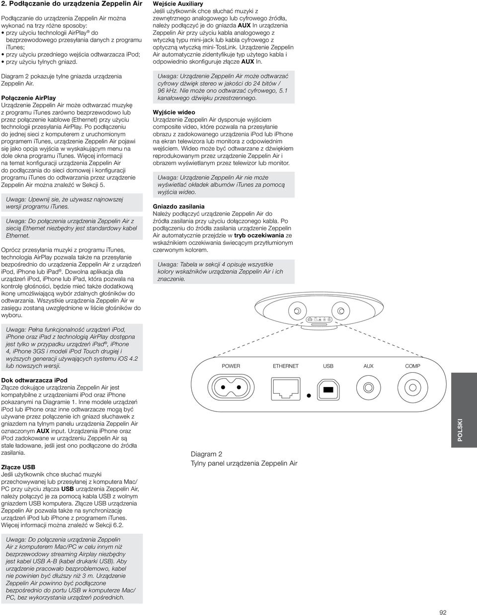 Połączenie AirPlay Urządzenie Zeppelin Air może odtwarzać muzykę z programu itunes zarówno bezprzewodowo lub przez połączenie kablowe (Ethernet) przy użyciu technologii przesyłania AirPlay.