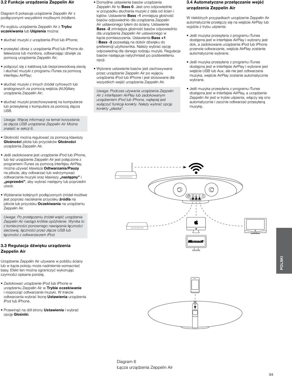 odtwarzając dźwięk za pomocą urządzenia Zeppelin Air; połączyć się z kablową lub bezprzewodową siecią i słuchać muzyki z programu itunes za pomocą interfejsu AirPlay; słuchać muzyki z innych źródeł